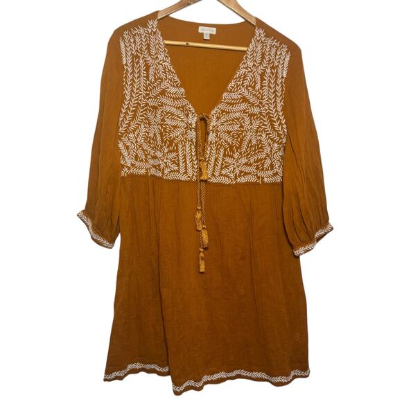 Garnet Hill 100% Organic Cotton Tie Neck Embroidered Cottage Core Peasant Dress - Picture 1 of 6